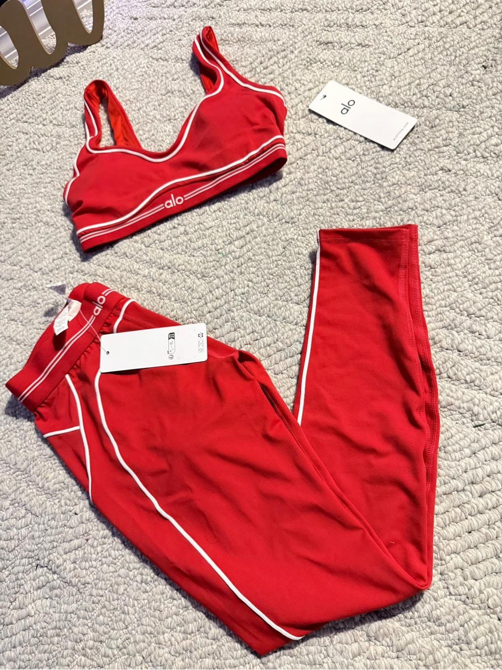 ALO Yoga Red Sports Bra and Leggings Set with White Piping